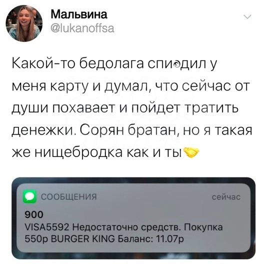 Состояние по жизни — Мальвина - Кража, Баланс, Нищета, Скриншот, Twitter, Мат, Банковская карта