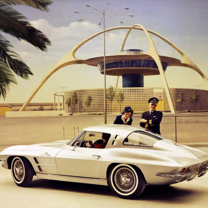Advertising photo of Chevrolet Corvette Split Window, 1963, Los Angeles! - Chevrolet corvette, Chevrolet, 1963, Los Angeles, Retro car, Retro, The airport, Pilot, Stewardess