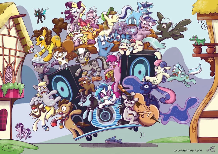 Collective jump over the shark - My little pony, Starlight Glimmer, Trixie, Cutie mark crusaders, Lyra heartstrings, Bon bon, Octavia melody, Vinyl scratch, Coco pommel, Derpy hooves, Zecora, Berry punch, Maud pie, Princess luna