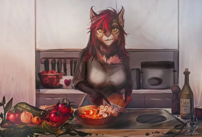 In the kitchen - Furry, Anthro, Art, Drawing_sofa