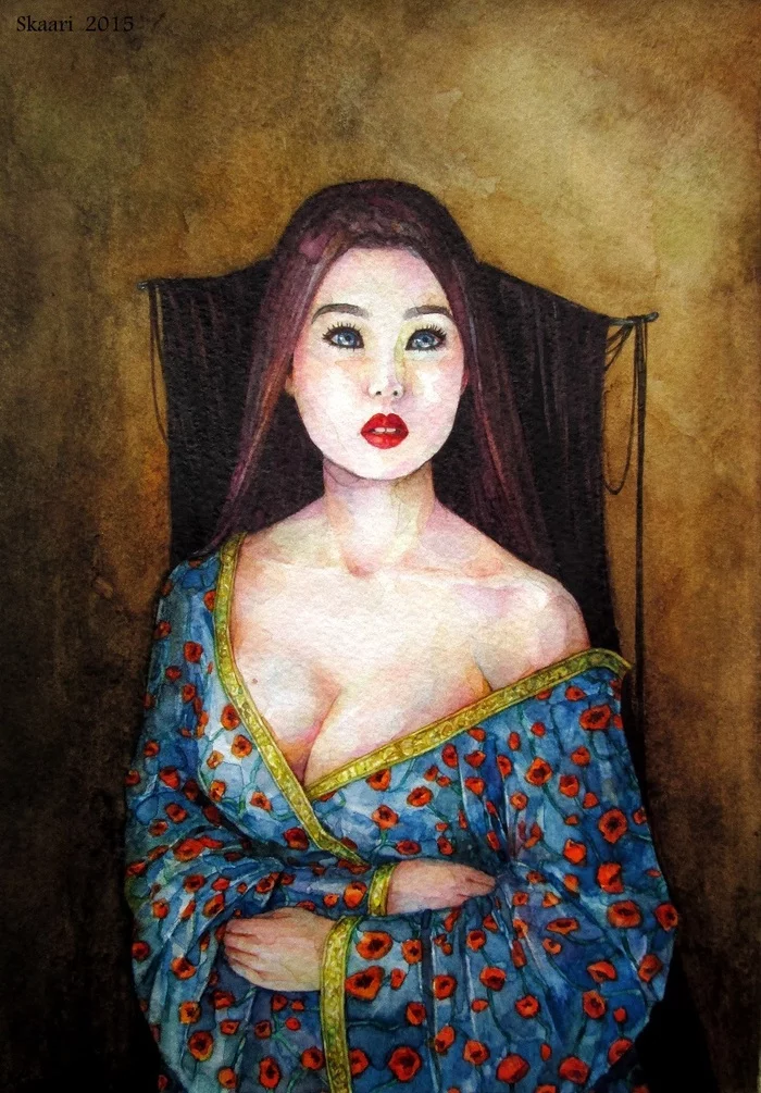 Woman in a falling kimono - NSFW, My, Art, Portrait, Art, Painting, Watercolor, Kimono, Neckline