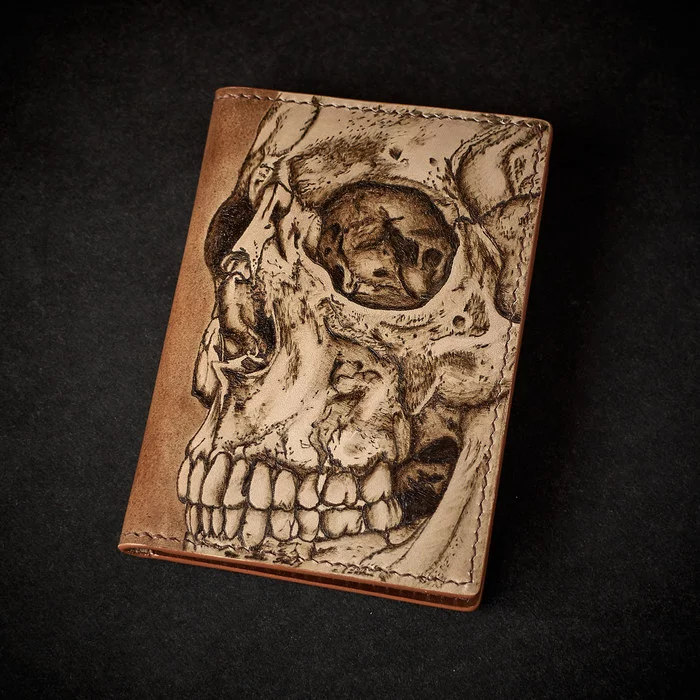 Skull burner - My, Scull, Pyrography, Scorcher, Natural leather, Cover, Purse, Handmade, With your own hands, , Needlework without process, Longpost