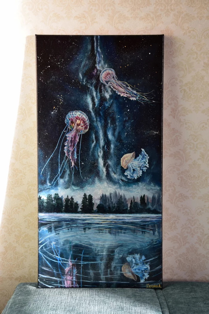 Jellyfish in the sky - My, Painting, Oil painting, Creation, Space, Longpost, Jellyfish