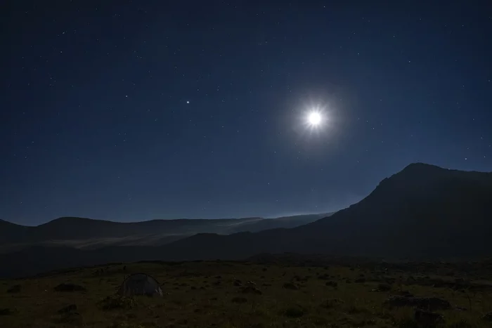 Moonlight night - My, Caucasus, Night, moon, The mountains, Month, Stars, Sky, Tent, Stars