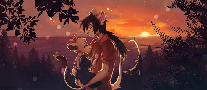 Brother and sister - Furry, Art, Sunset, Punxsimon, a lion, Nature