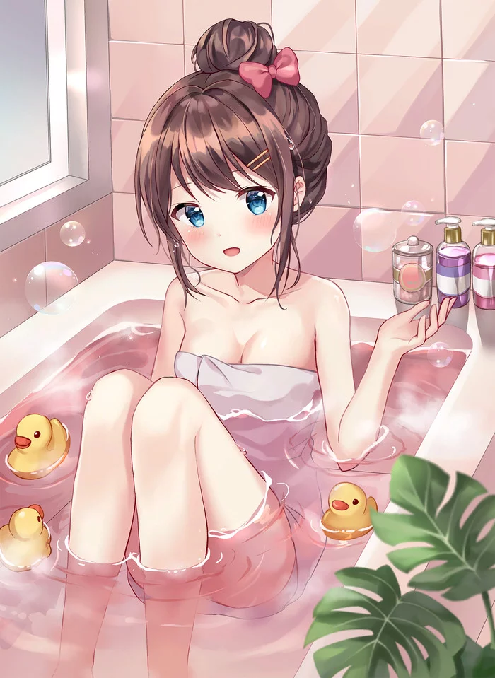 Bathing - Anime Art, Original Character, Аниме, Ванна, Резиновая уточка