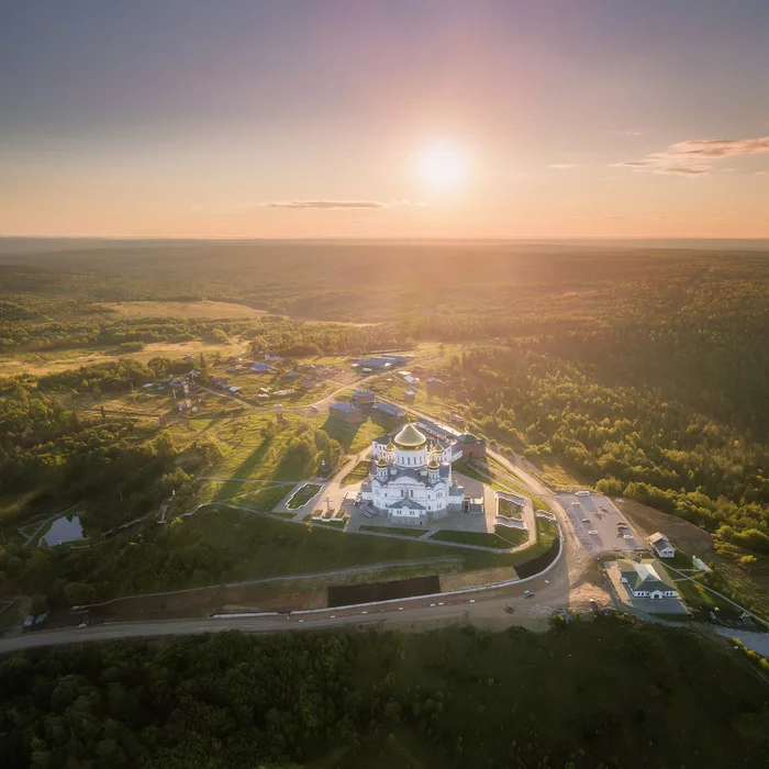 Sunset on White Mountain - My, The photo, Photographer, Landscape, Dji, Perm Territory, Road, Monastery, Belogorsky Monastery, beauty, Nature, Evening, Ural, Sunset