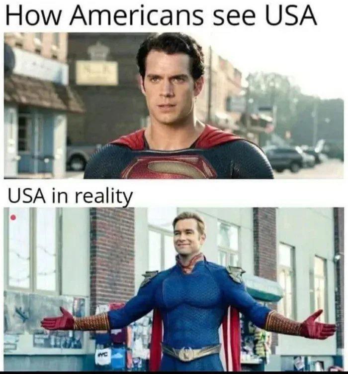 Expectation and reality - Picture with text, Superman, Expectation and reality, USA, Memes, The boys, Homelander, Boys (TV series)