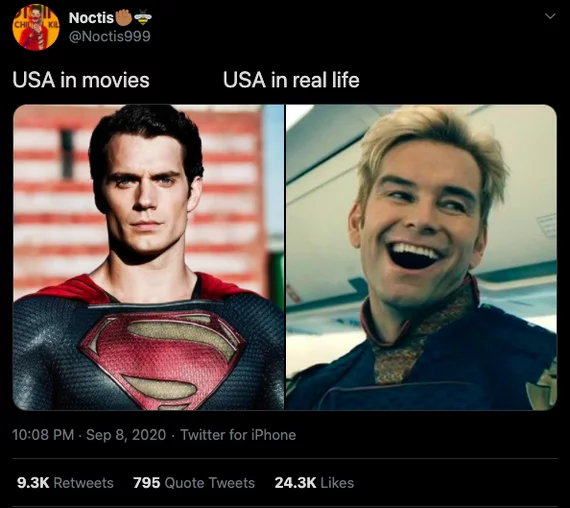 USA in films and USA in real life - USA, Superman, Boys (TV series), Twitter, Screenshot, Expectation and reality, Memes, Homelander, Homelander (Boys TV series)