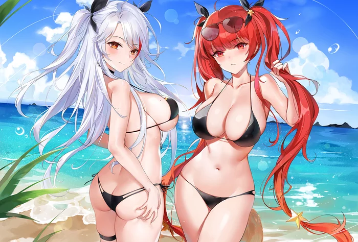 Prinz Eugen & Honolulu - NSFW, Аниме, Anime Art, Azur Lane, Prinz Eugen, Honolulu, Купальник, Грудь