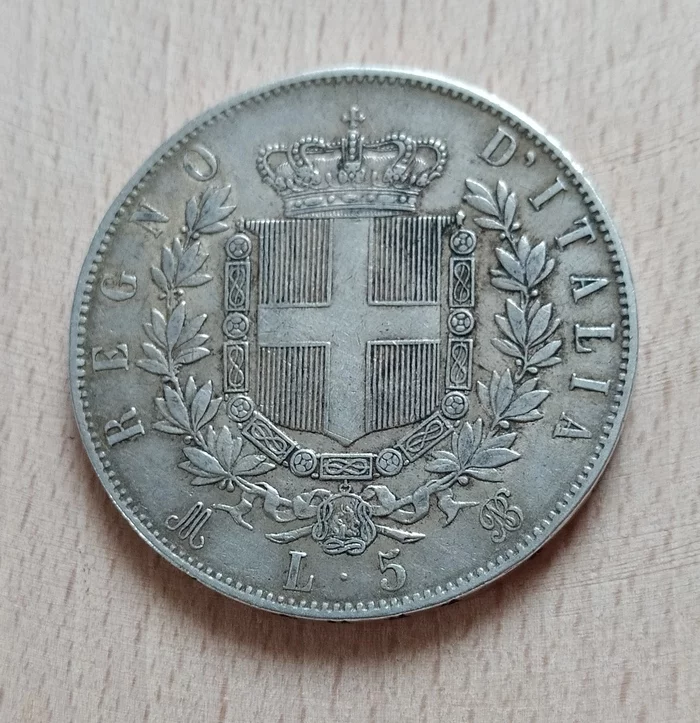 5 lira coin 1873 - My, Numismatics, Coin, Antiques, Italy, Old, Silver, Treasure, Treasure hunt, Longpost