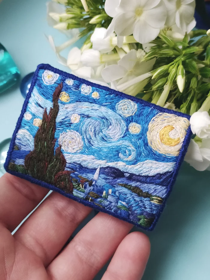 Brooch Starry Night - My, Brooch, Embroidery, Satin stitch embroidery, Decoration, Bijouterie, Needlework, Thread, Floss, Handmade, Blue, Van Gogh's Starry Night, van Gogh, Longpost, Needlework without process, Cotton (fabrics and plant)