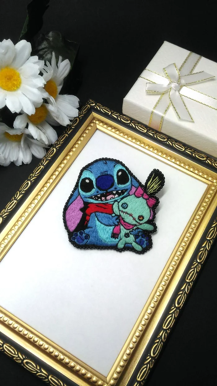 Brooch Stitch - My, Brooch, Stitch, Floss, Handmade, Samara, Needlework without process, Cartoons, Lilo and Stitch