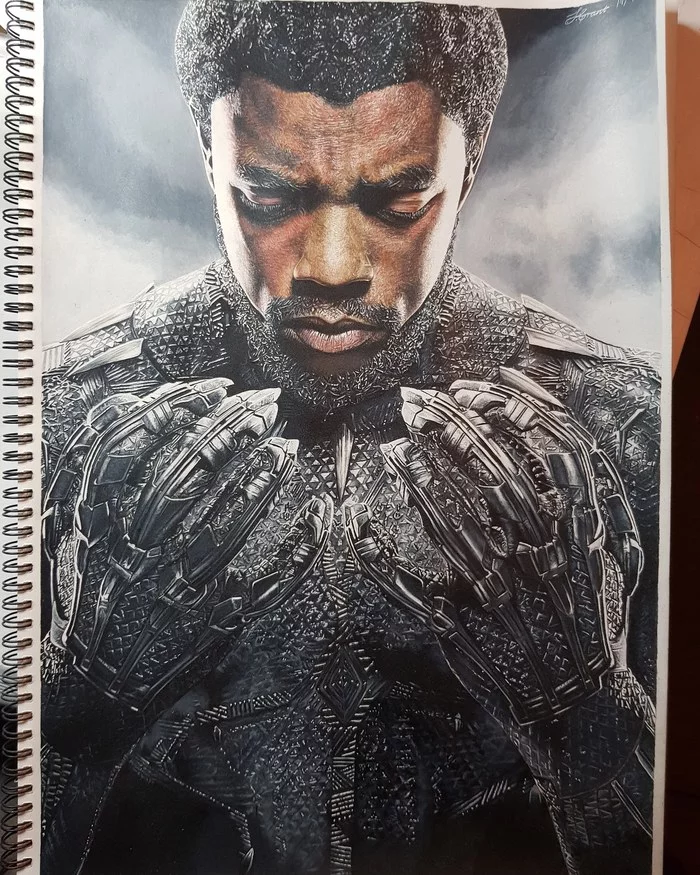 Portrait of Chadwick Boseman as Black Panther (coloured pencils, 68 hours) - The photo, Portrait, Actors and actresses, Celebrities, Chadwick Boseman, Black Panther, Colour pencils, Drawing, , Pencil drawing