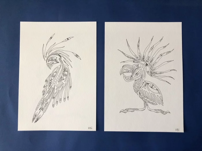 Black and white birds - My, Drawing, Birds