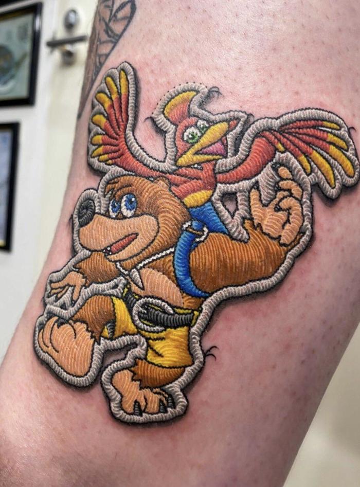 Cool tattoo of the heroes of the game Banjo-Kazooie, made in the style of a patch - The photo, Tattoo, Stripe, Games, Nintendo, Cool