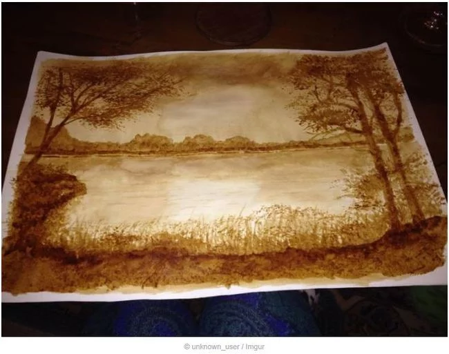 “My friend's grandmother drew this using only coffee and water and said 'it's just a sketch'.” - Grandmother, Drawing, Coffee, Sketch, Talent, Modesty, Social networks, The photo