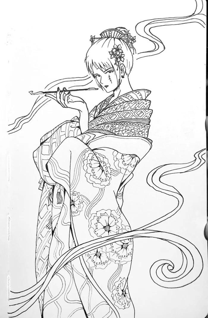 Second page of sketchbook - My, Anelien, Inktober, Anime art, Anime, Gintama, Black and white, Challenge, Drawing, Creation, Tsukuyo