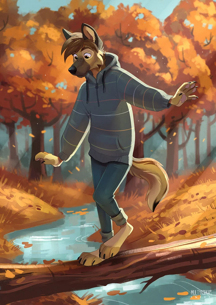 Walk in autumn - Furry, Art, Nature, Autumn, Dog, Multyashka-Sweet