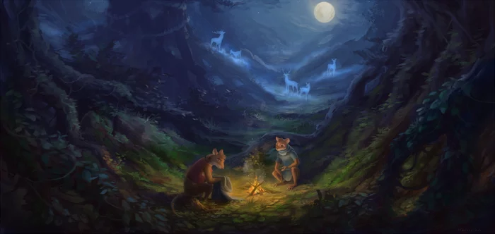 Ancient forest - Furry, Art, Bonfire, Night, Forest, Призрак, Mouse, Akineza, Redwall
