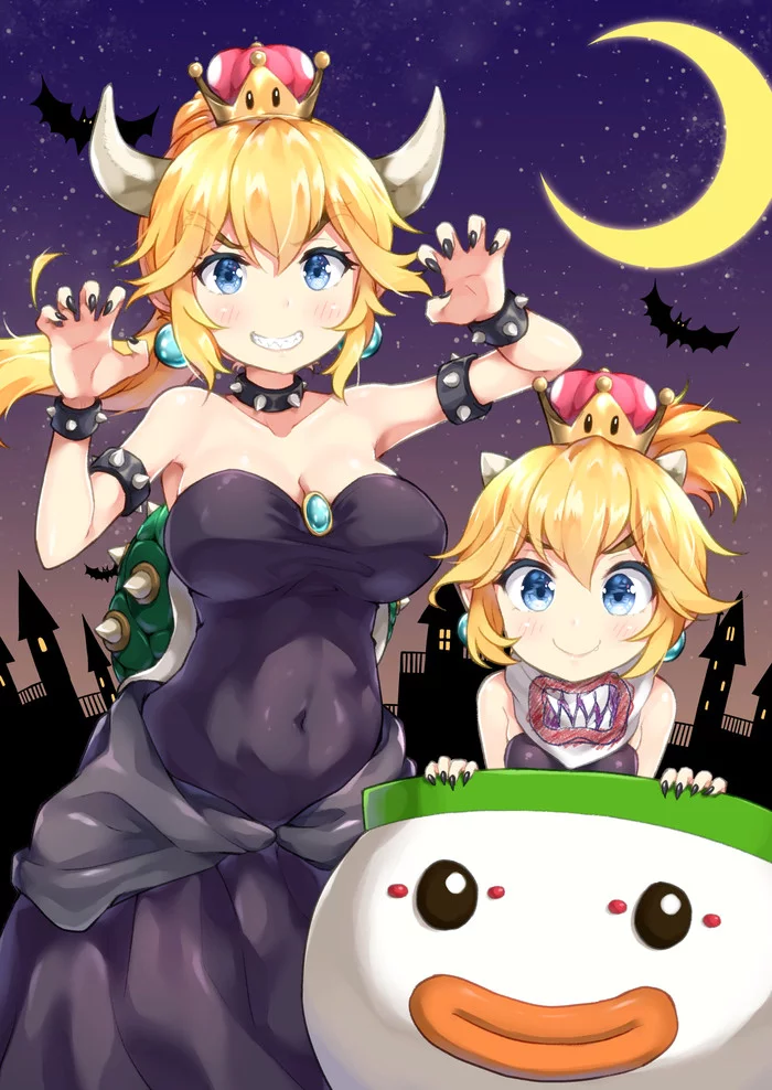 Bowsette with her son - Bowsette, Bowsette Jr, Anime art, Art, Super crown