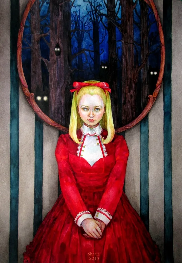 Her thoughts are like a wolf forest - My, Painting, Art, Symbolism, Little Red Riding Hood, Forest, Wolf, Portrait, Watercolor, Girls, Character