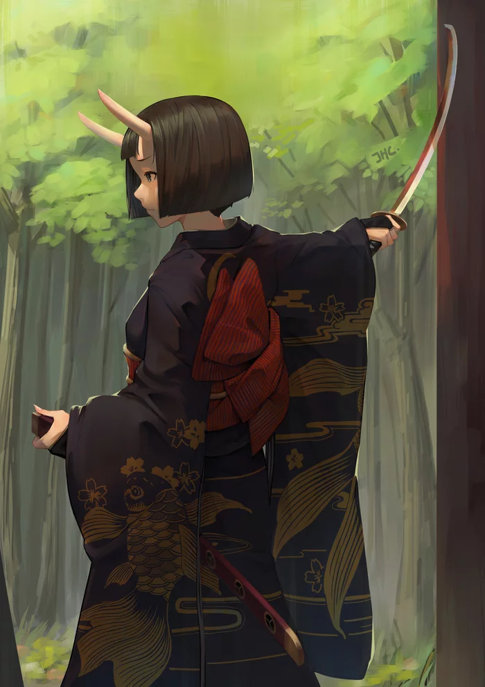 Oni - Art, Demon, Kimono, Katana