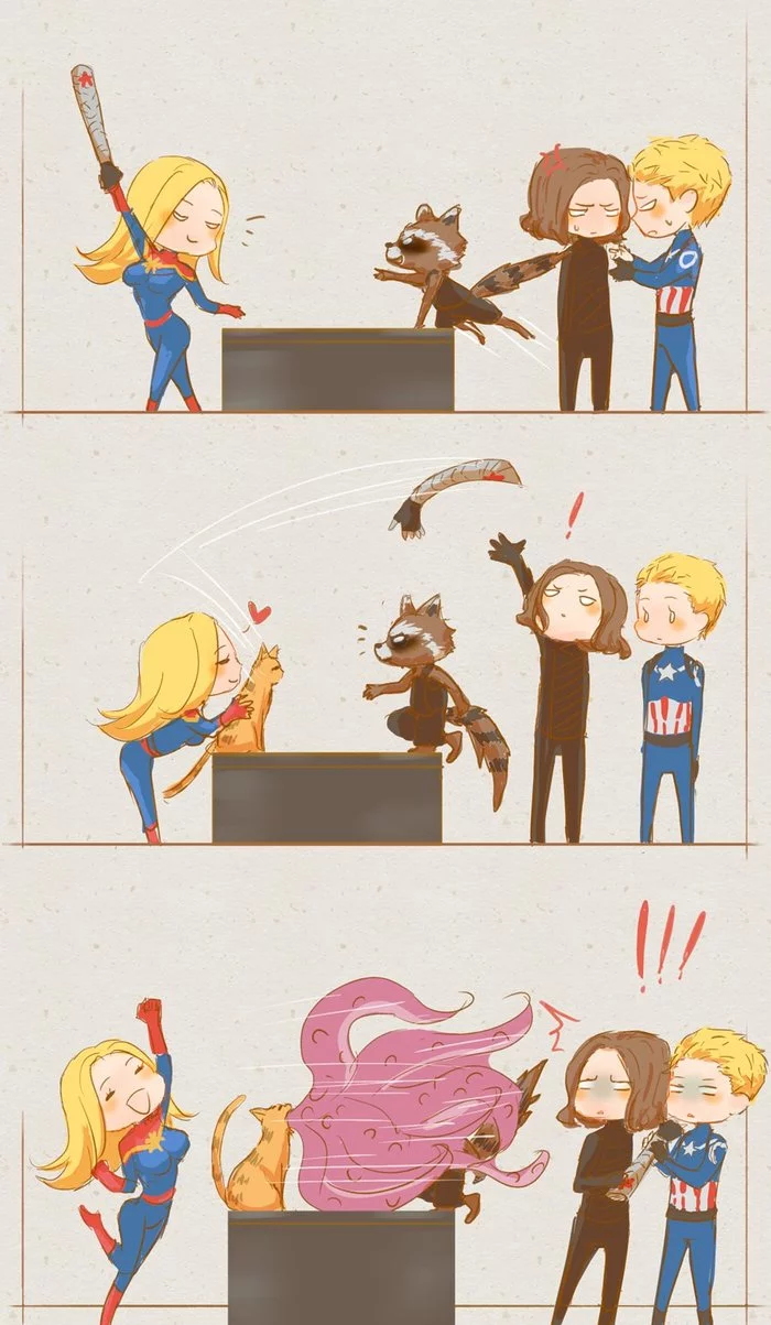 Captain Marvel vs Captain America - Anime, Captain America, Captain Marvel, Raccoon Rocket, Bucky Barnes, Marvel, Comics, Arm wrestling, Flerken, Longpost, Series Miscellaneous Comics