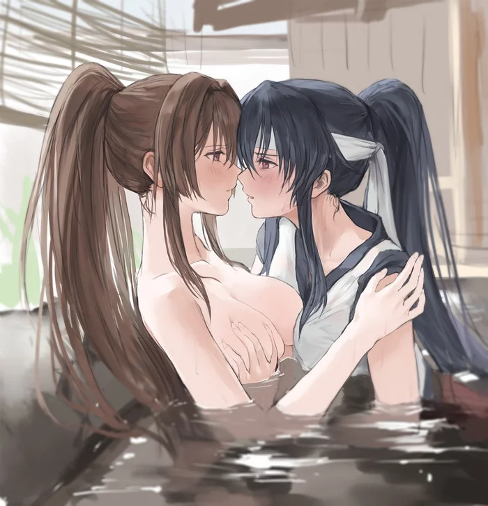 Yamato x Yahagi - NSFW, Kantai collection, Yamato, Yahagi, Yuri, Boobs, The hot springs, Sugoi dekai