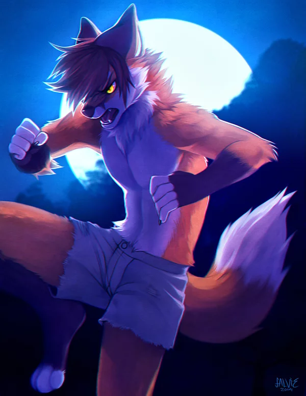 Fury in the Night - Furry, Art, Falvie, Night, moon, Fox, Anger, Furry fox