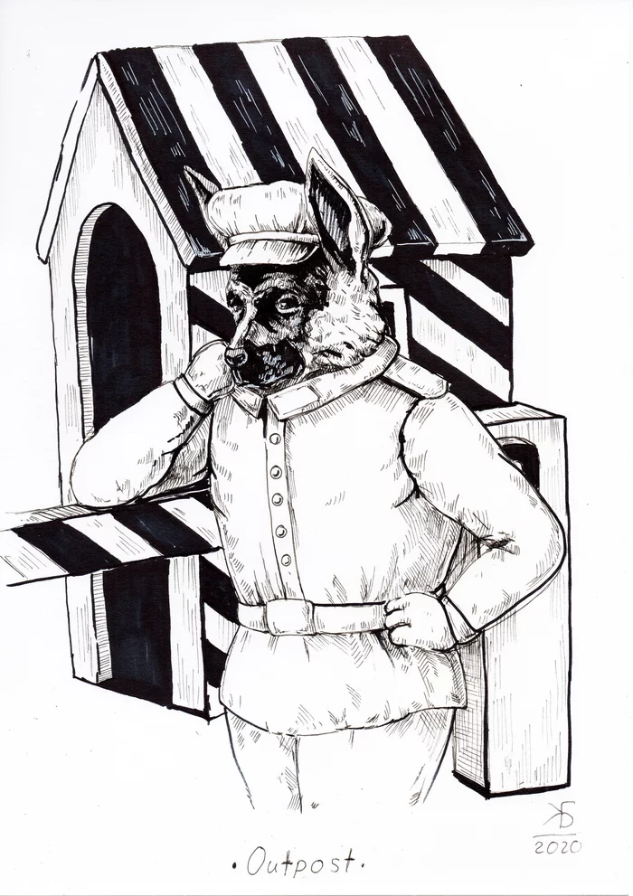 Inktober 2020. День 15 - Outpost - Моё, Inktober, Тушь, Рисунок, Собака, Арт, Графика