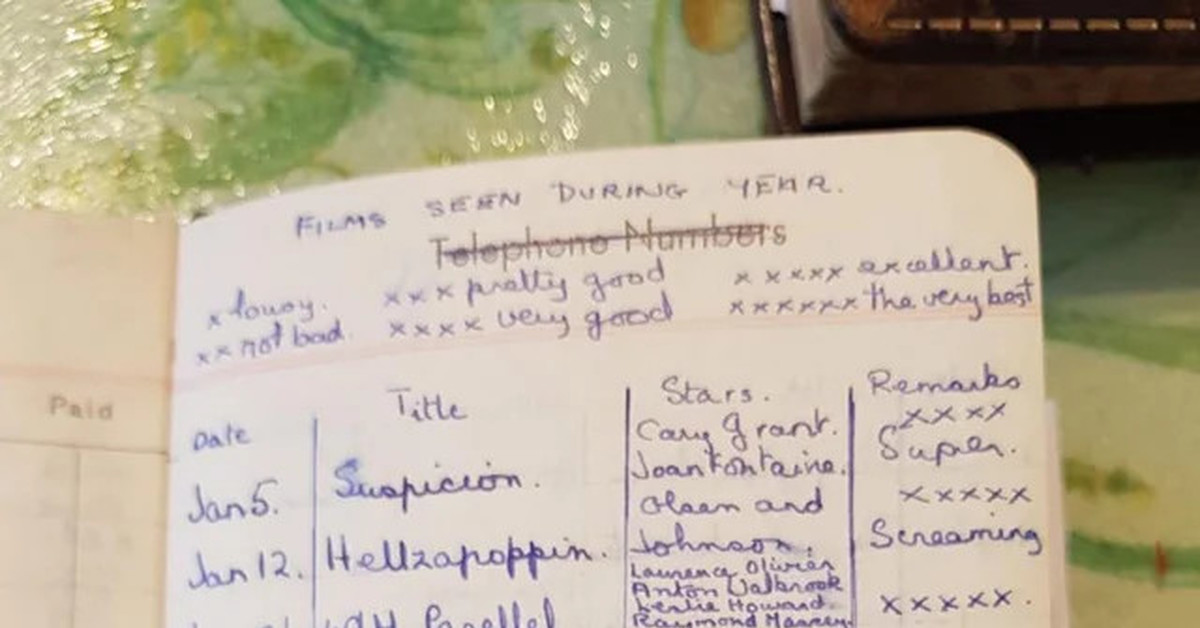 A woman keeps a diary of all the films she has watched and puts her ratings on them. - 
