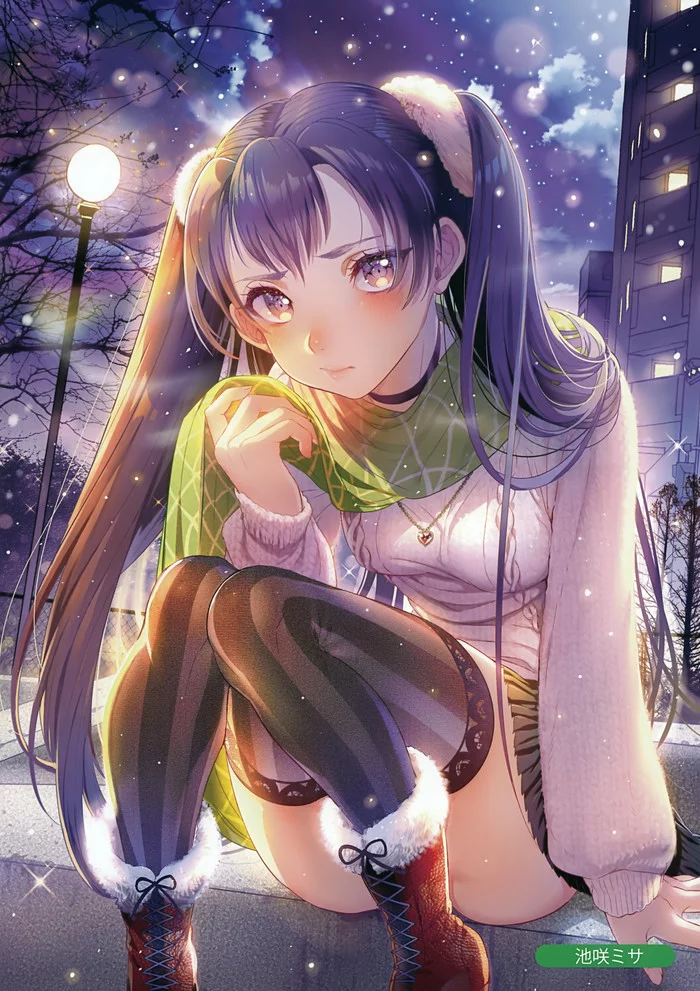 Art by Ikezaki Misa - Anime art, Anime, Anime original, Ikezaki misa, Girls, Night, Snow, Art, , Choker, Mini skirt, Scarf, Stockings, Pullover, Longpost, Original character