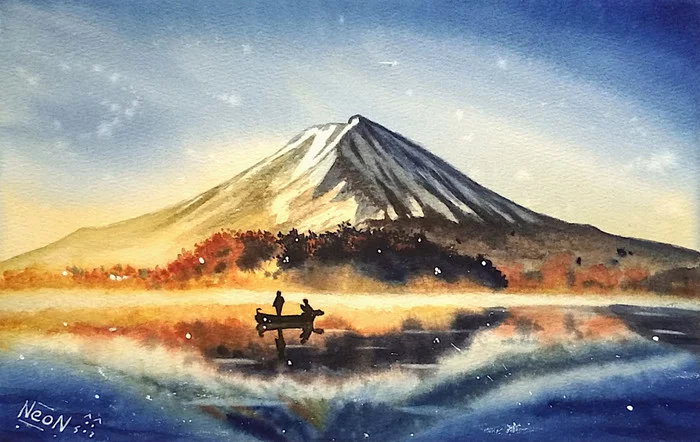 Morning at the foot of Fuji - My, Watercolor, Landscape, Fujiyama, Painting, Painting, Self-taught artist