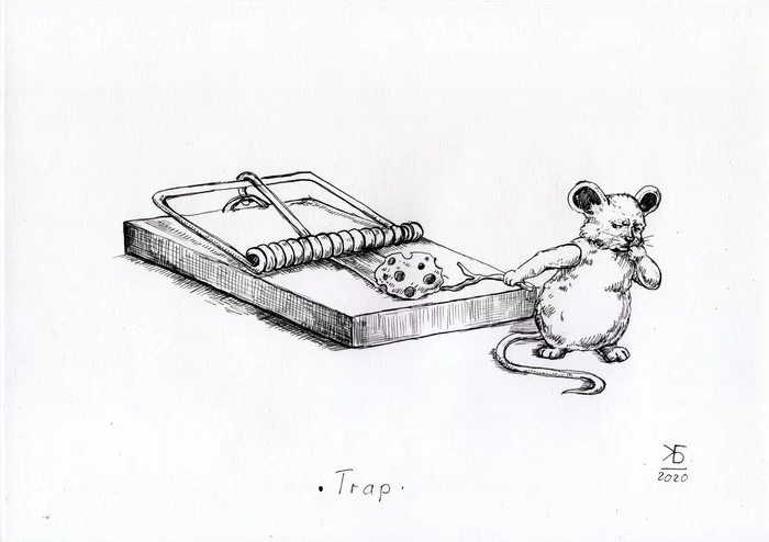 Inktober. День 18 - Trap - Моё, Inktober, Тушь, Рисунок, Мышеловка, Мышь, Графика, Иллюстрации