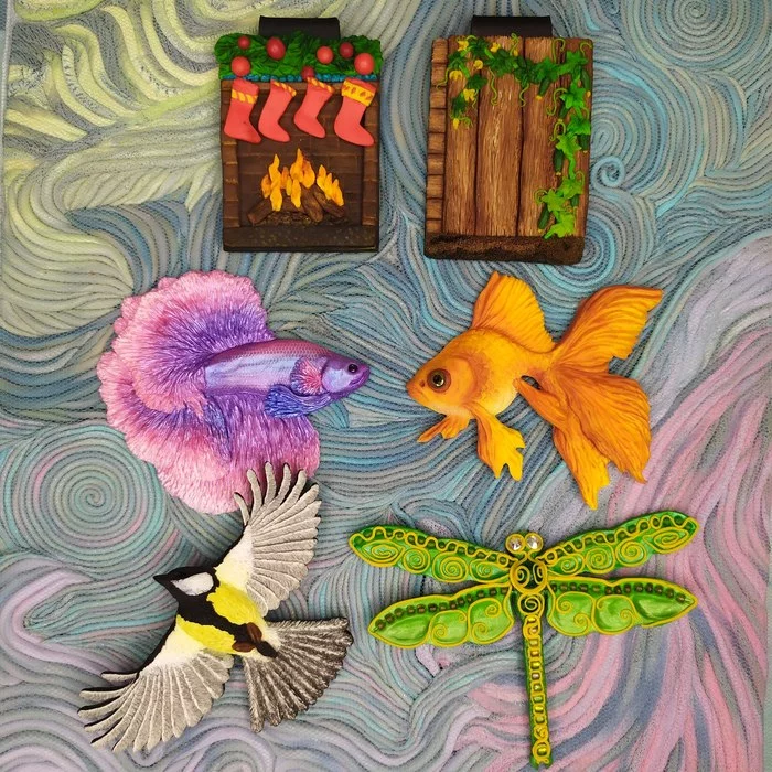 Works for the marathon - My, Handmade, Decoration, Birds, A fish, Dragonfly, Лепка, Polymer clay, Needlework without process, Longpost