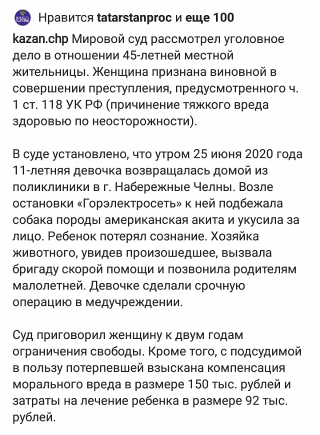 For those who like to walk their dogs without a leash or muzzle - Court, Dog attack, Punishment, Carelessness, Naberezhnye Chelny, Longpost, American Akita, Restrictions, Negative