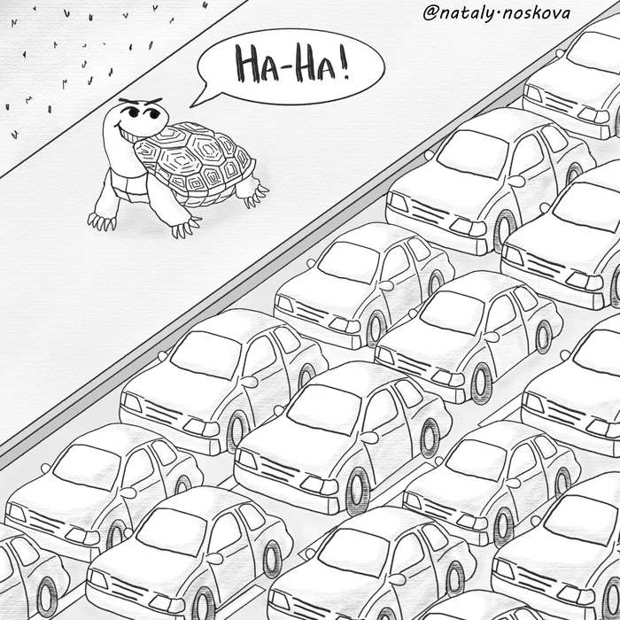 Inktober 2020. Day 31 - Crawling - My, Natalyhumor, Inktober, Drawing, Humor, Comics, Crawl, Turtle, Traffic jams