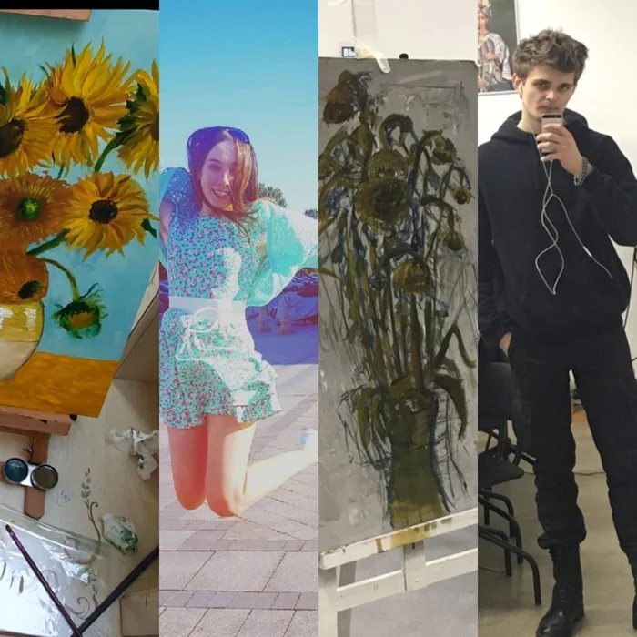 My work/my friend's work - My, Art, Painting, Collage, Comparison, Different, Flowers, Humor