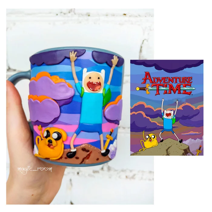 Adventure Time polymer clay mug - My, Adventure Time, Polymer clay, Mug with decor, Presents, Кружки, Handmade, Cartoons, Adult cartoons, Plastic, Needlework without process, Needlework, Individual, Longpost