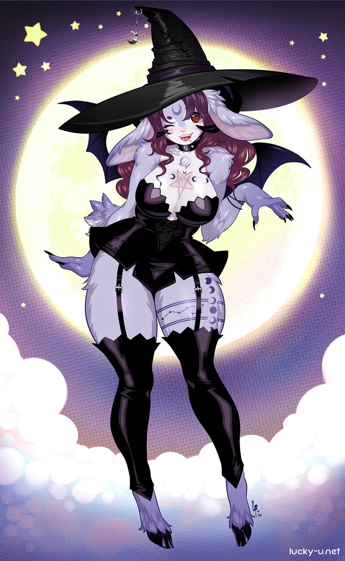 Witch and Moon - Furry, Art, Furry edge, Witches, Demon, Luckypan, moon, Halloween, Furry rabbit