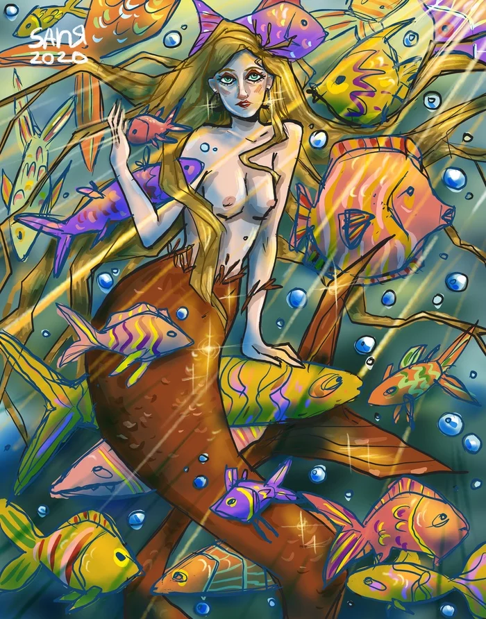 In the sea world - NSFW, My, Art, Drawing, Creation, Mermaid, Sea, Illustrations, Artist, Under the water, Video