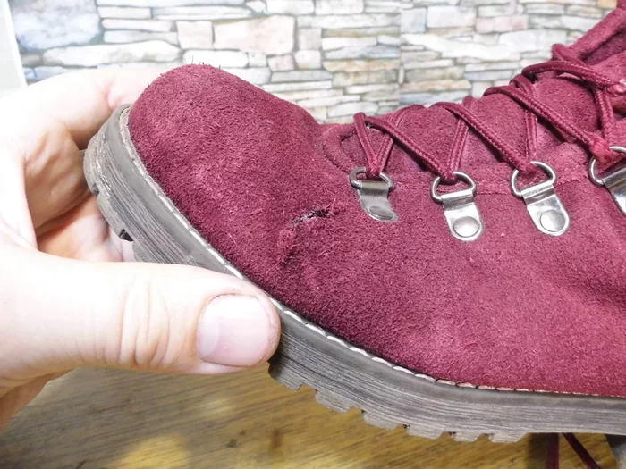 Torn burgundy suede shoe - My, Shoe repair, The gap, Stopka, Patch, Mat, Longpost, Shoes