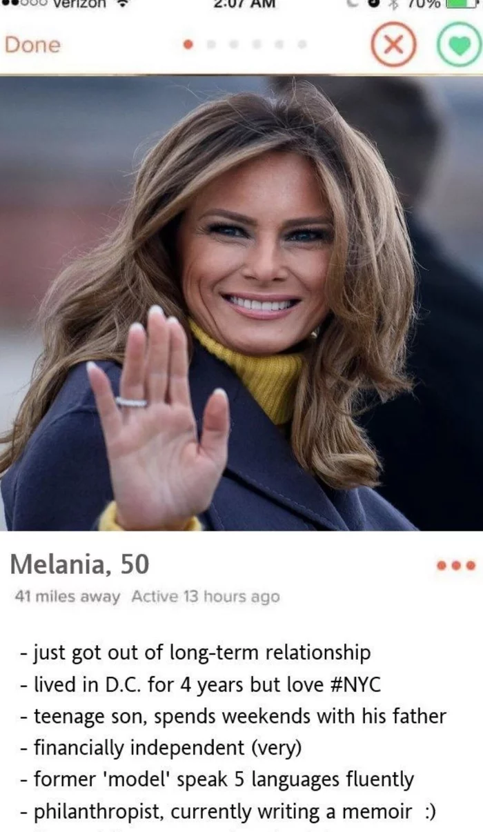 Tinder has a new dating profile - IA Panorama, Tinder, Melania trump, Picture with text, Politics