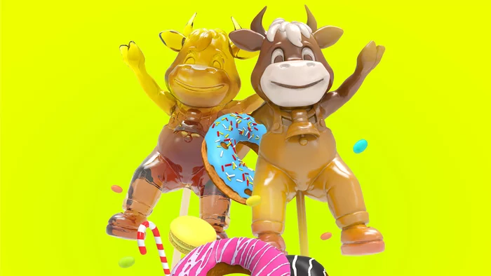 New Year 2021. Year of the Ox - My, New Year, Year of the bull, Bull, Lollipop, Chocolate, Donuts, Macaroons, Chupa Chups, Postcard, 2021, 3D, 3D graphics, Render, Illustrations