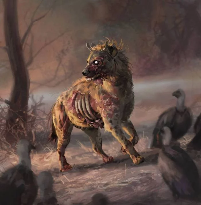 atmospheric - Painting, Hyena, Spotted Hyena, Vulture, Atmospheric
