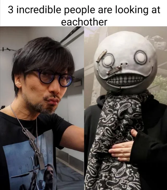 Three incredible people looking at each other - Hideo Kojima, Metal gear solid, NIER Automata, Death stranding