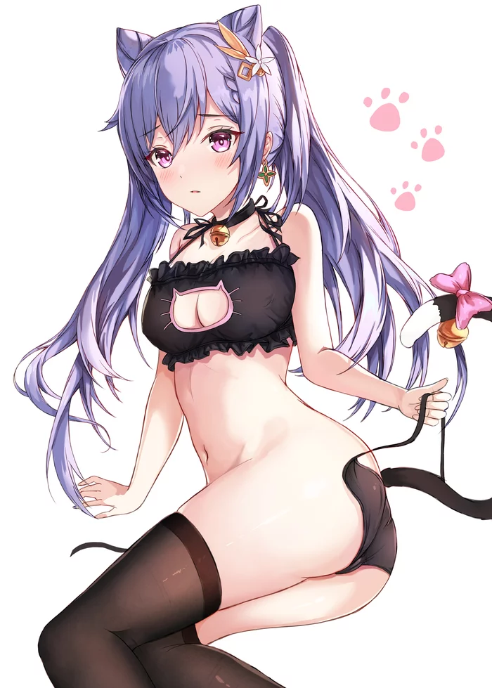 Keqing - NSFW, Anime, Anime art, Genshin impact, Keqing (Genshin Impact), Cat keyhole bra, Stockings