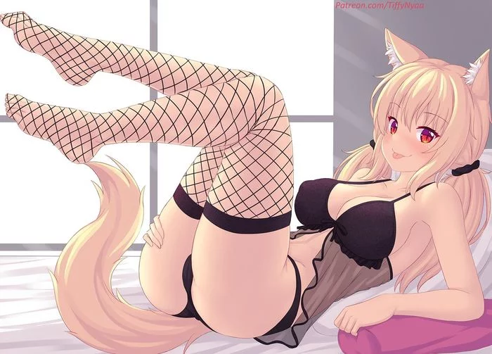 Tiffy - NSFW, Anime art, Original character, Animal ears, Pantsu, Tiffy, Anime, Fastrunner2024, Tail, Breast, Beautiful girl, Booty, Language, Stockings