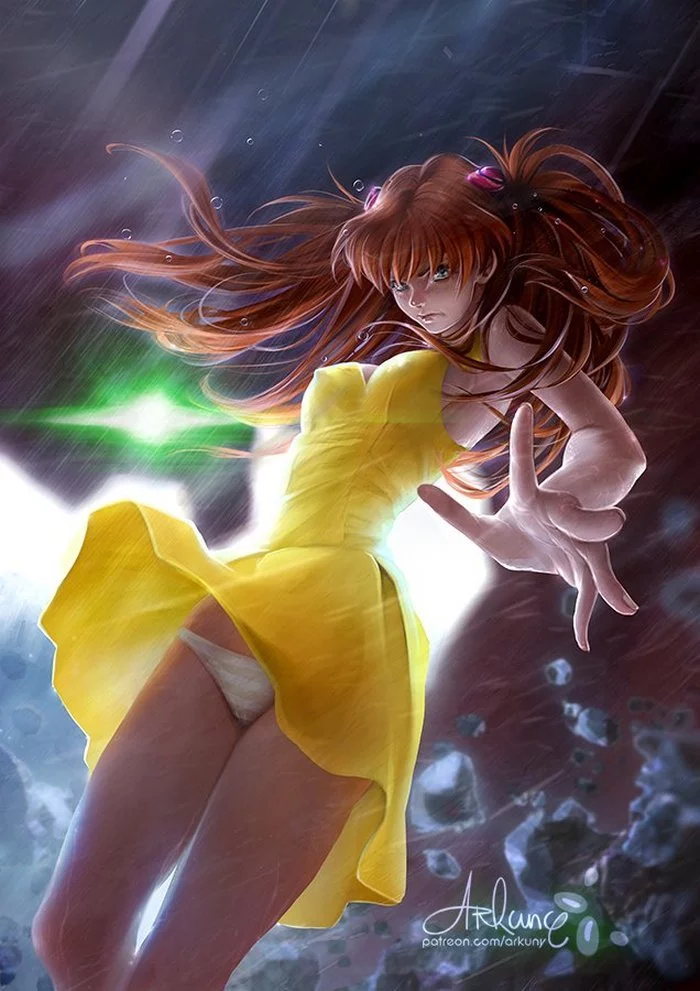 Asuka Langley Soryu - NSFW, Арт, Аниме, Anime Art, Evangelion, Asuka Langley, Девушки, Эротика, Рисованная эротика, Нижнее белье, Под юбкой, Skirt lift, Панцу